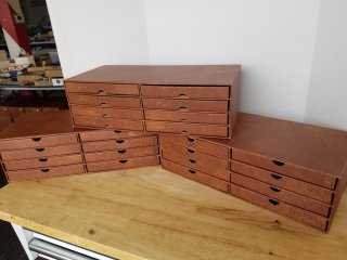 Plate storage boxes, each approx 19 by 9, by 6 inch 