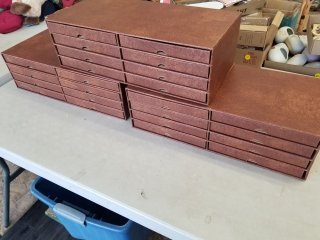 Plate storage boxes, each approx 19 by 9, by 6 inch 