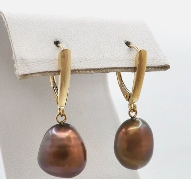 Item #29 — Marked 14 kt gold brown pearl earrings photo 1 of 3