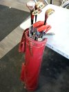 Item #302 — VINTAGE Red Leather Golf Club Bag and clubs