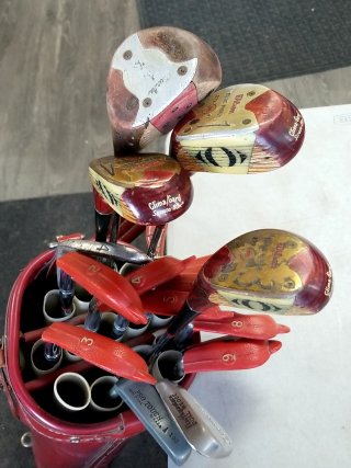 Item #302 — VINTAGE Red Leather Golf Club Bag and clubs photo 2 of 3