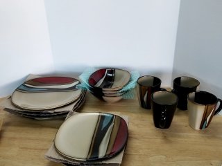 Item #329 — Complete Striped Ceramic Dinnerware Set, 4 setting, exc cond