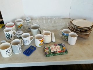 Item #341 — Mugs, Glass Bowl & Kitchen Lot