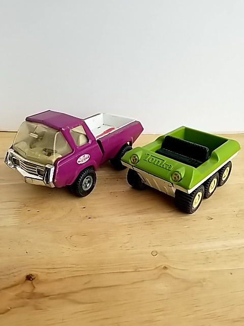 Item #83 — Vintage Tonka Purple & Green Truck Set, largest 8 inch photo 1 of 7
