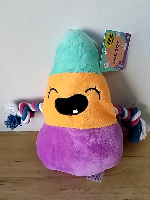 Item #112 — New Candy Corn Dog Toy with Rope 9 in