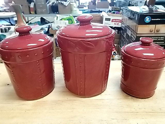 Item #244 — Red Ceramic Canister Set Good cond, largest 10 in photo 1 of 4