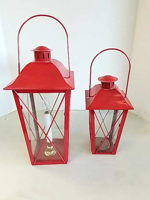 Item #7 — Red Metal Lanterns Set, tallest approx 12 inch photo 1 of 3
