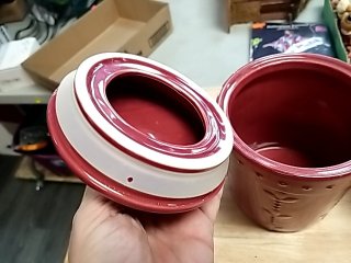 Item #244 — Red Ceramic Canister Set Good cond, largest 10 in photo 3 of 4