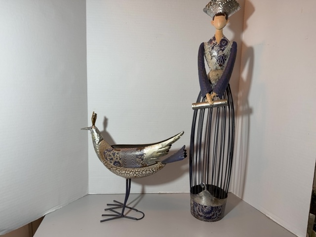 Item #195 — Metal Bird & Woman Sculptures 27 inch lady and 13x14 inch bird photo 1 of 7
