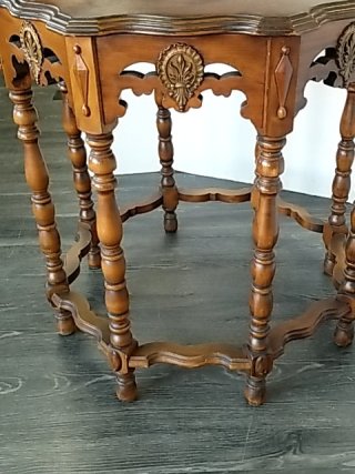 Item #7 — ORNATE Wood Side Table, 30 x 30 inch, beautiful, good shape photo 5 of 7