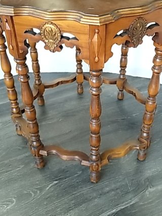 Item #7 — ORNATE Wood Side Table, 30 x 30 inch, beautiful, good shape photo 6 of 7
