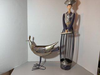Item #195 — Metal Bird & Woman Sculptures 27 inch lady and 13x14 inch bird