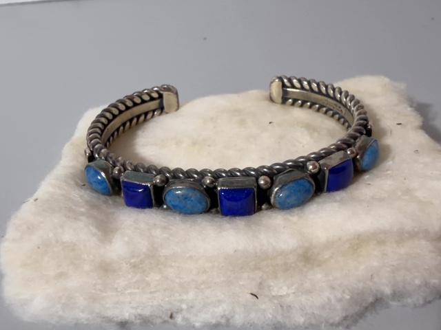 Item #113 — Signed D. Reeves, sterling, lapis cuff bracelet, excellent condition
