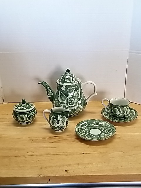 Item #28 — Green Floral Tea Set Great shape,  tallest 9 inch photo 1 of 7