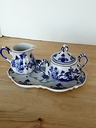 Item #206 — Blue & White Ceramic Tea Set on Tray Good cond,  tallest 4 inch photo 2 of 4