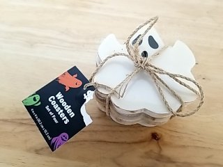 Item #285 — New Halloween Ghost Wooden Coasters Set photo 1 of 3