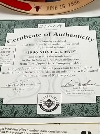 Item #40 — 1996 Michael Jordan NBA Finals MVP Plate, MIB, COA photo 2 of 4