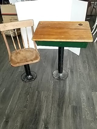 Item #411 — VINTAGE School Desk and Chair Set, desk stands 32 inch tall photo 1 of 5