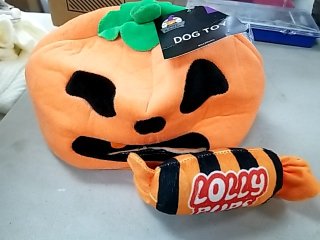 Item #472 — New Halloween Pumpkin Dog Toy with Lolly 9 in