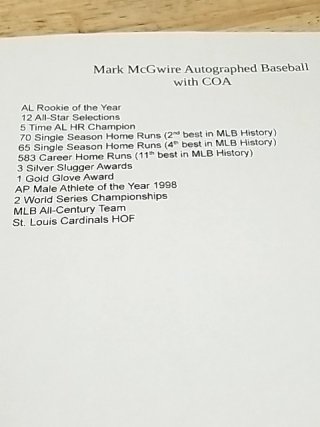 Item #1 — Mark McGwire Signed Baseball with COA photo 4 of 4