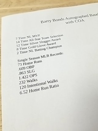 Item #20 — Barry Bonds Autographed Baseball with COA photo 6 of 6
