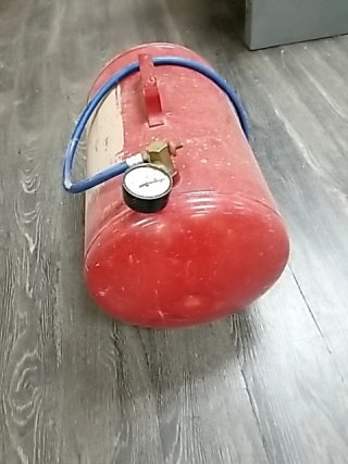 Item #112 — RED Air Tank with Pressure Gauge Approx 20 by 12 by 12 inch photo 2 of 3